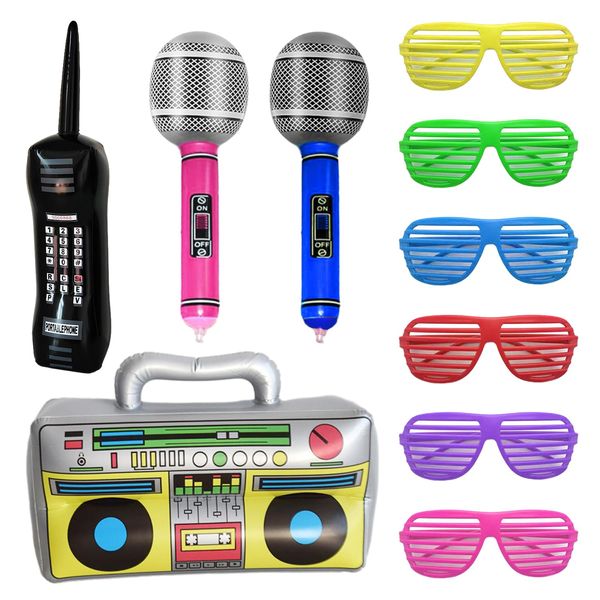 1PCS Inflatable Radio +1PCS Inflatable Retro Mobile Phone +2PCS Inflatable Microphone+6 PCS Blinds Party Glasses，80s 90s Inflatable Party Props Decoration Disco Rapper Beach Party Accessories