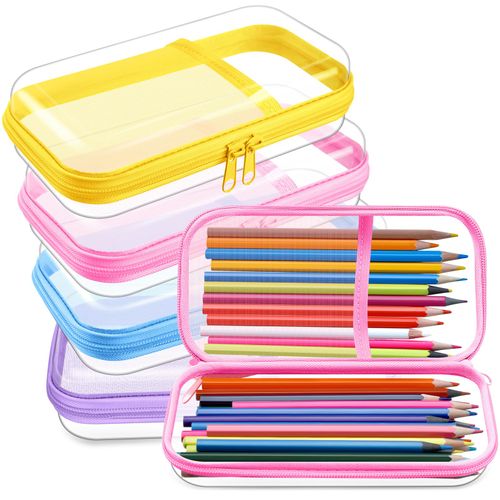 Sanwuta 4 Pcs Clear Hard Sided Zipper Pencil Case Pouches Bulk Plastic Hard Shell Pencil Case Box Organizer with Mesh Pocket Toiletry Pouch Makeup Bag, Back to School Supplies(Macaron)