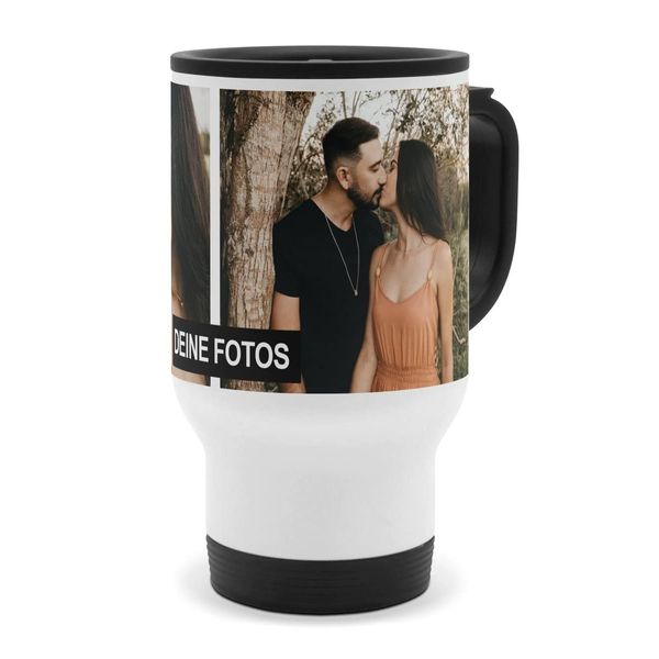 PhotoFancy® - Personalisierter Thermobecher 'Collage' - Isolierbecher To go mit eigenem Foto und Text selbst gestalten - Layout Collage 2 Bilder