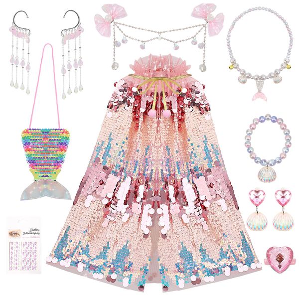 KESIYI 10 PCS Princess Dress Up for Girls 4-6, Princess Dress Up Toys Sequin Mermaid Costume for Toddler Dress Up, Great Gift Set for 3 4 5 6 Year Old Girls Birthday Christmas Halloween (Pink)