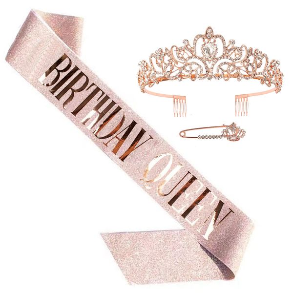 HUAZONTOM Birthday Crown, Brooch, 3-Piece Set, Birthday Quench, Tiara, Party Goods, Birthday Headband, Party Hat, Birthday Decoration, Girl, Stylish, Rose Gold, Elegant, Birthday Queen