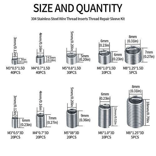 200 Pieces Helicoil Set, Stainless Steel Wire Thread Repair Insert Assortment, Wire Thread Inserts, M3 M4 M5 M6 M8 Thread Repair Kit, Helicoil Type Screw Repair Sleeves Running Wire Thread