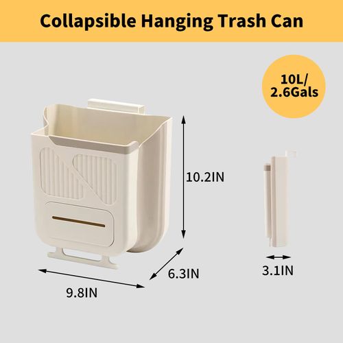KIGI 2.6 Gallons Collapsible Hanging Trash Can for Kitchen Cabinet Door,10L Wall Mounted Garbage Bin with Waste Bag Holder (Milk White)