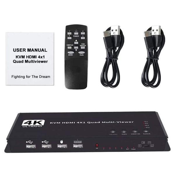 4 in 1 4K KVM Switch Multi Viewer Seamless HDMI Switch Keyboard Hotkey, Quad Split Screen Video Wall Controller Matrix Switch