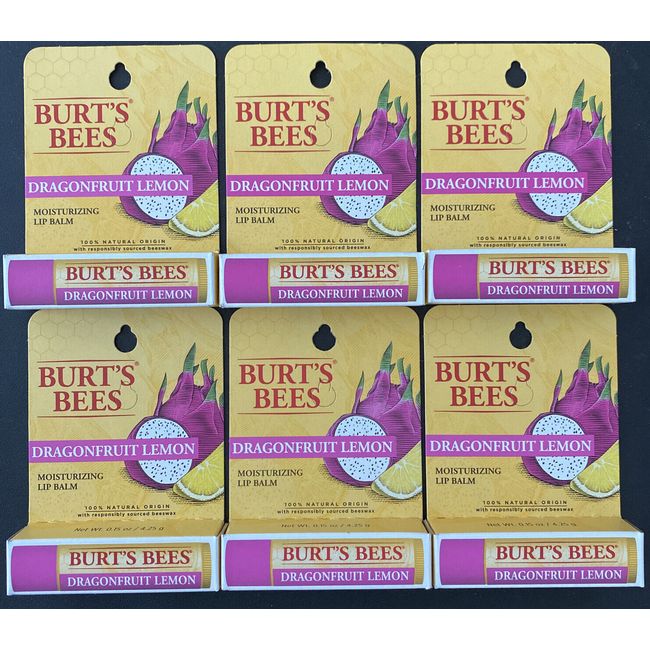 LOT OF 6 Burt’s Bees Moisturizing Lip Balm, Dragonfruit Lemon, 0.15 Oz EACH, New