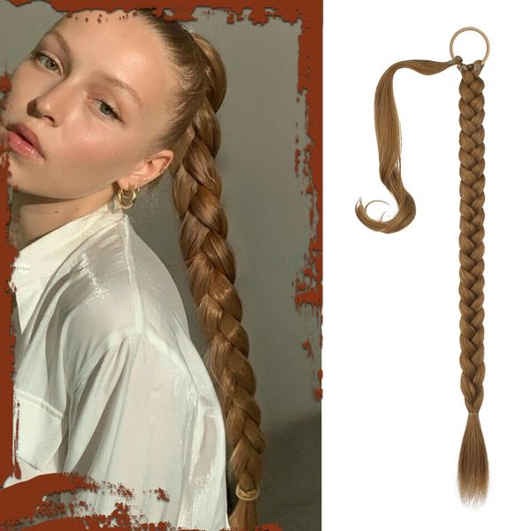 Sofeiyan Braid Extensions Pferdeschwanz Verlängerung mit Haargummi 66cm Lange Geflochtener Ponytail Verlängerung Dunkelblond Natürliches Haarverlängerung Synthetisches Zopf Haarteil für Damen