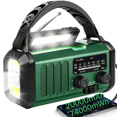 QAUYYW Hand Crank Emergency Radio,74000mWhSolar Powered Hand Crank Portable NOAA AM FM Weather Radio with 3Mode Flashlight and Reading Light,Cell Phone Charger,Home and Emergency Distress Signall