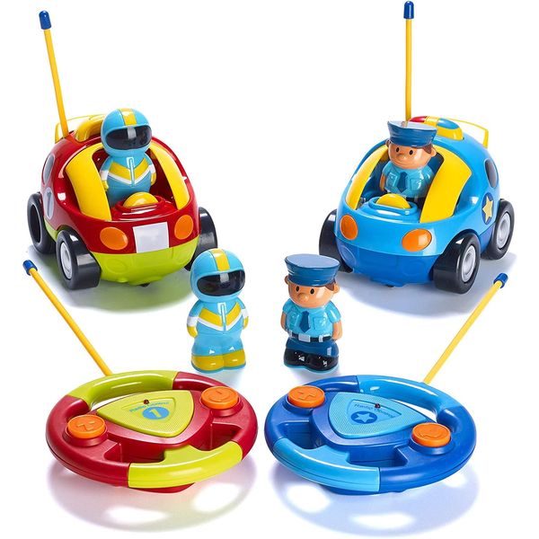 PREXTEX Toddler Remote Control Car, 2pk - Two Cartoon RC Cars: Police & Race Car - Birthday Gifts - Toddler Toys - Gift Toys for 3+ Year Old Boys, 3 Year Old Boy Toys, Car Toys for Boys 3-5 Years Old