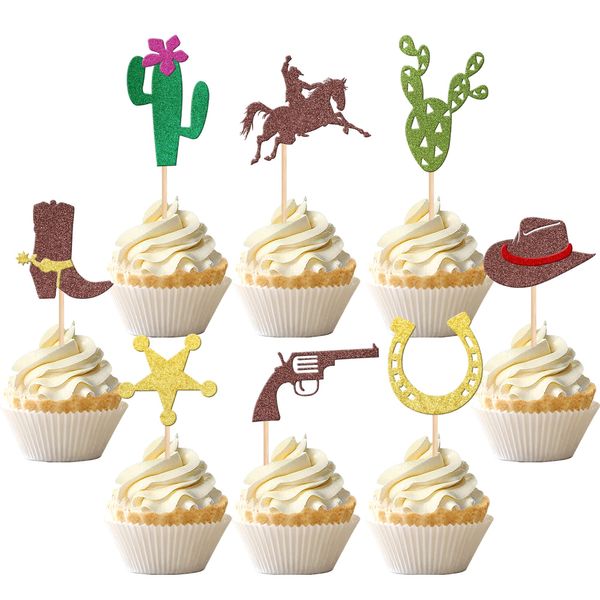 32 PCS Cowboy Cupcake Toppers Glitter HorseShoe Cowboy Hats Boots Cupcake Picks Star Gun Cactus Cupcake Picks Western Theme Baby Shower Birthday Party Cake Decorations Supplies