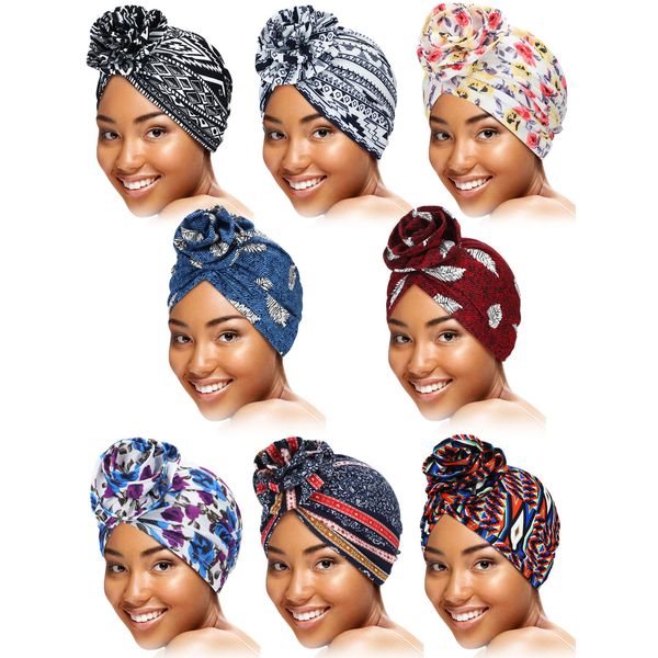 SATINIOR 8 Pcs Women Turban Head Wraps for Women African Pattern Knot Headwrap Bohemian Print Pre Tied Flower Knot Bonnet Hat(Fresh Style) Multicolor