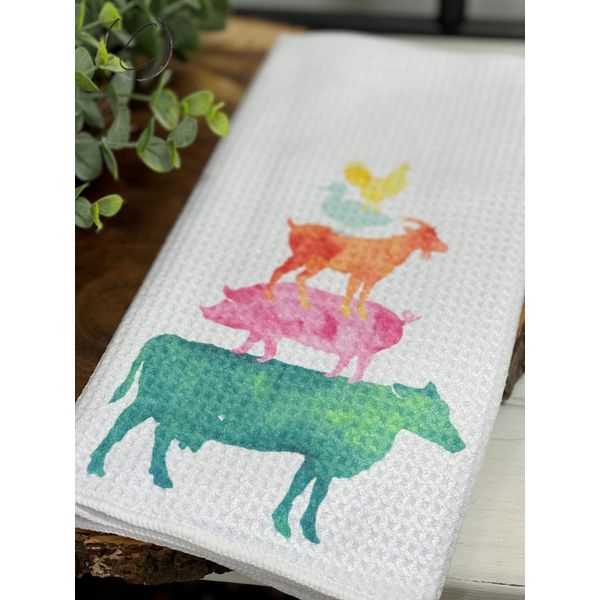 Watercolor Farm Animal Stack Waffle Weave Tea Towel