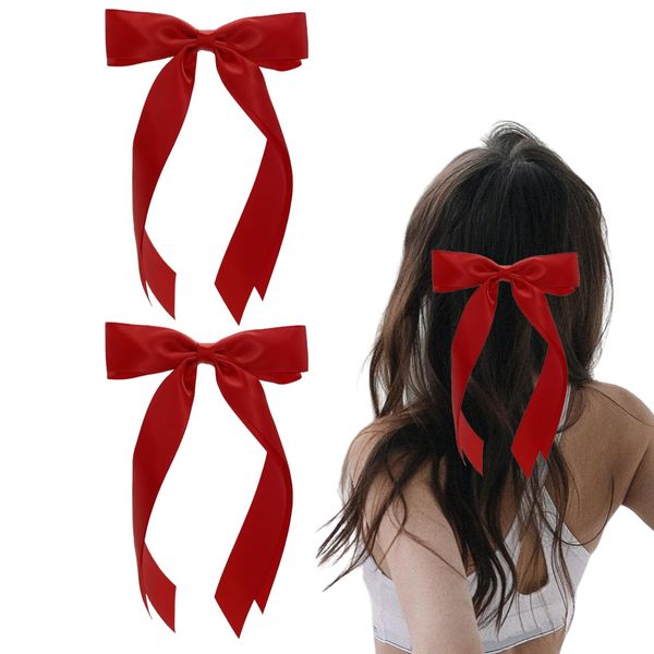 2Pcs Hair Bows for Women Girls,Silky Satin Hair Ribbon Double Bow Hair Clips,Black Hair Bow Accessories (Red)