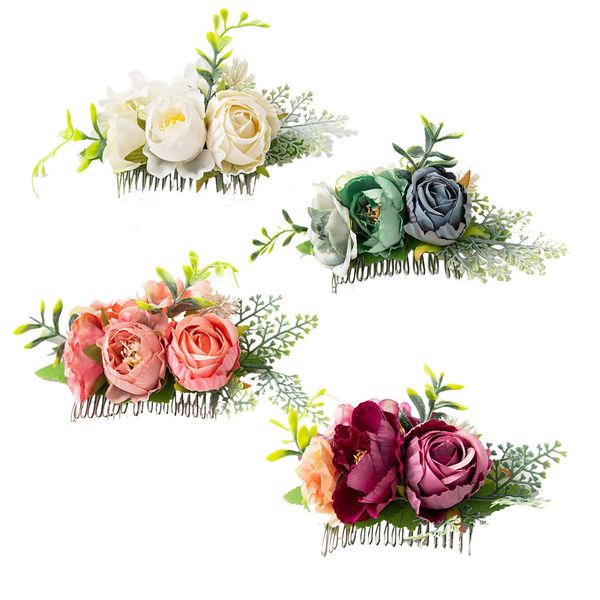 Cinaci 4 Pack Silver Metal Hair Side Combs Slides with Artificial Rose Flower Floral Wedding Bridal Headpieces Clips Hairpins Barrettes Bun Chignon Hair Accessories for Women Flower Girls Bridesmaids