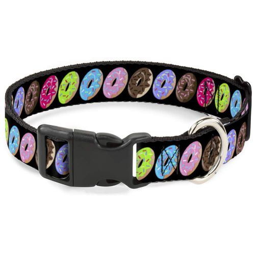 Buckle-Down Plastic Clip Collar - Sprinkle Donuts Black/Multi Color - 1/2" Wide - Fits 9-15" Neck - Large