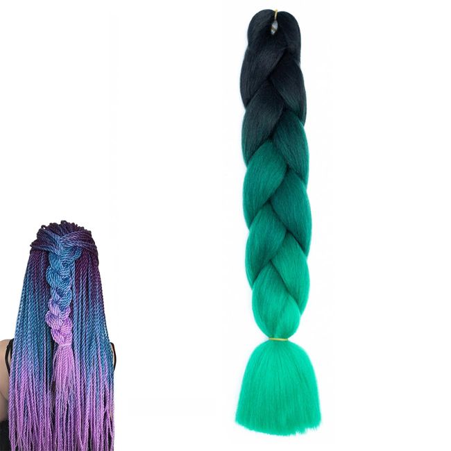 prinfantasy Ombre Braiding Hair Extensions Clip in Kanekalon Synthetic Hair for Crochet Twist Wig Dark Root to Green Wig,GBBZ096