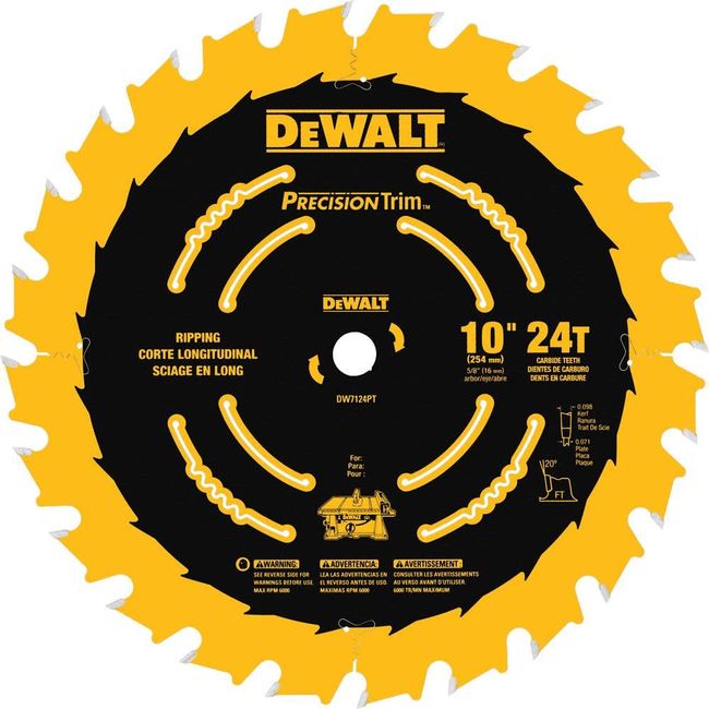 DEWALT 10-Inch Miter / Table Saw Blade, ATB, Ripping, 5/8-Inch Arbor, Tough Coat, 24-Tooth (DW7124PT)