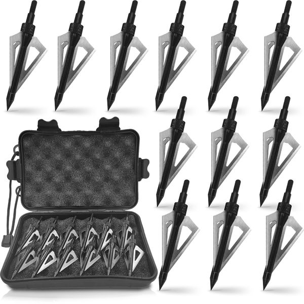 AREYCVK Archery Broadheads, 100 Grains Screw in Arrow Archery 3 Blades Hunting Heads Arrow Tips Compatible Crossbow& Compound Bow with Broadhead Storage Case (12PCS) (Black)