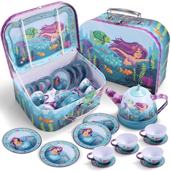 JOYIN Mermaid Tea Set for Toddlers Tea Party Set for Children Kids Pretend Role Play Tin Teapot Set with Cups, Plates and Carrying Case Kitchen Toy for Little Girls Birthday Gifts Age 3 4 5 6