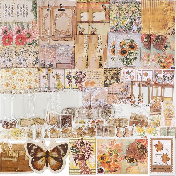 100 Stk Vintage Scrapbooking Sticker Papier Set Blumen Schmetterling Selbstklebend Aufkleber Bastelpapier Retro für DIY Scrapbook Zubehör Fotoalbum Tagebuch Notizbuch Bullet Journal Selbst Gestalten