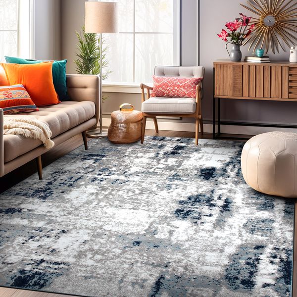 Rugshop 5X7 Rug Contemporary Abstract Distressed Modern Rugs Blue Turkish Rugs