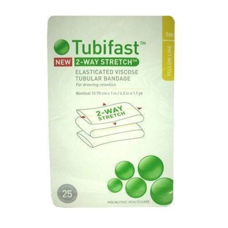 TUBIFAST YELLOW LINE 10.75CM X 1M (NEW) 2-WAY STREATCH ELASTICATED VISCOSE  TUBULAR BANDAGE FOR DRESSING RETENTION YELLOW LINE 1M - 10.75CM X 1M