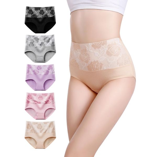 dear doris Women's High Waist Panties, Set of 5, Cotton, Deep, Warm, 100% Cotton, No Pinching, Cotton Pants, Breathable, 30's, 40's, 50's, Women's Underwear, Elastic, Pink + Beige + Furry + Gray + Black