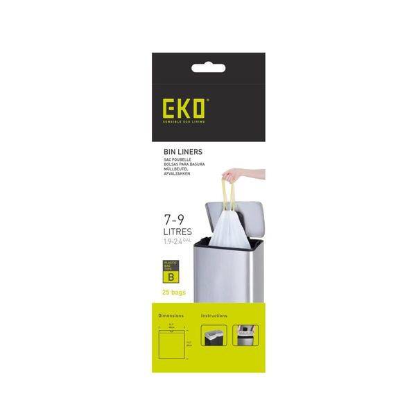 EKO Size B Bin Liners For Kitchen Bins - Extra Strong Bags with Drawstring Tie Handles - 7 - 9 Litre Capacity - 25 Bags