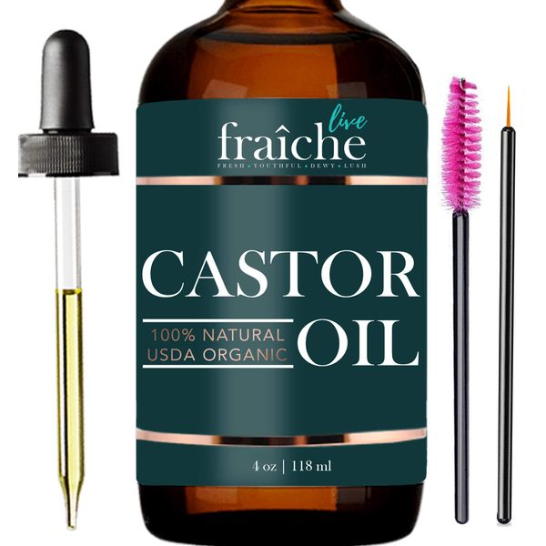 Castor Oil (4oz) + Applicator Starter Kit USDA Certified Organic, 100% Pure, Cold Pressed, Hexane Free by Live Fraiche. Stimulate Growth for Eyelashes, Eyebrows, Hair. Lash Growth Serum. Brow Treatment