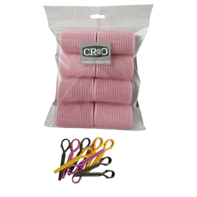 Croc 1207 Pembe Cırtlı Sünger Bigudi 8Li Çap 4Cm + 10Lu Plastik Saç Pensi