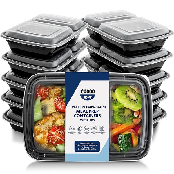 CUQOO [10 Pack Premium Meal Prep Containers with 2 Compartment Lunch Box – BPA-Free & Food-Safe Snack Box for Adults & Kids | Microwavable, Dishwasher, Oven & Freezer Safe Bento Box