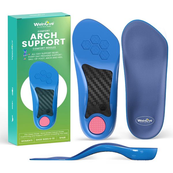 2-Pair Set Plantar Fasciitis Insoles Arch Support - Welnove Heel Inserts for Heel Pain Relief - Anti-Slip Comfort Heel Cushions, Heel Cups Orthotic for Flat Feet, Heel Spur, Women’s 6-10