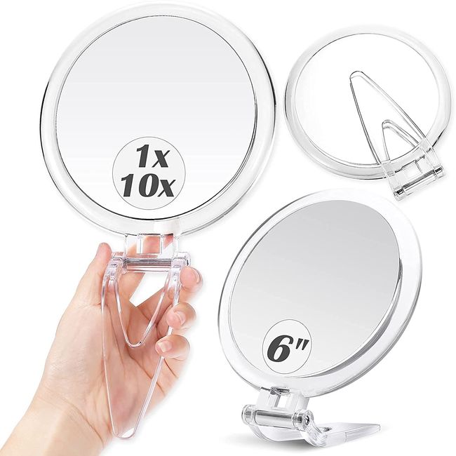 Hand Mirror, Magnifier, 10x, Double Sided Mirror with Handle, 10x and Equivalent, Tabletop Hand Mirror, Stand Mirror, Foldable Makeup Mirror, Round, 5.9 inches (15 cm), Clear