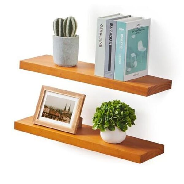 Wood Floating Shelves Set of 2, Rustic Pine 24"W x 6.7"D x 1.4"H Honey Oak