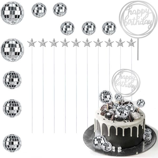 Disco Ball Cake Topper, 21 Pcs Disco Ball Cake Decoration Happy Birthday Cupcake Toppers Glitter Mirror Ball Cake Decorations 70s Disco Decorations for Birthday 1970s Disco Theme Party Favor Supplies