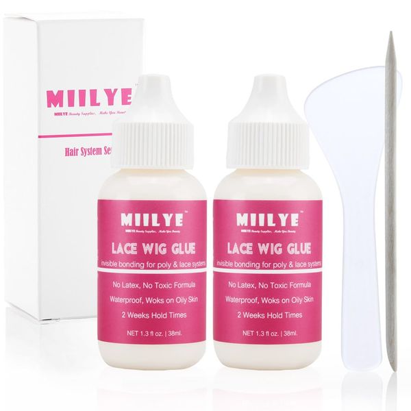 Lace Wig Glue, Invisible Waterproof MIILYE Hair Replacement Bonding Adhesive, Strong Hold Lace Glue for Frontal Wig and Poly Hairpieces, Toupee, Cosmetic Hair Systems (Pack of 2)