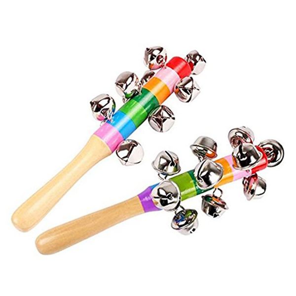 2 Pack Vivid Color Rainbow Handle Wooden Bells Jingle Stick Shaker Rattle 10 Jingle Bells Baby Kids Children Musical Toys