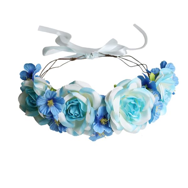 Vivivalue Rose Flower Crown Boho Flower Headband Hair Wreath Floral Headpiece Halo with Ribbon Wedding Party Festival Photos Blue