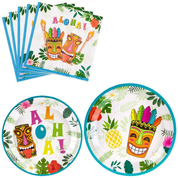 WERNNSAI Hawaiian Aloha Dinner Dessert Plates and Napkins - Luau Tropical Tiki Summer Pool Party Supplies Serves 16 Guests 48 PCS
