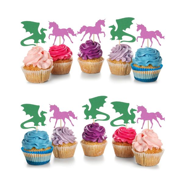 Unicorn and Dragon Cupcake Toppers - 36Pcs Gender Reveal Theme Party Cupcake Decorations, Baby Shower Birthday Party Cake Decorations Supplies