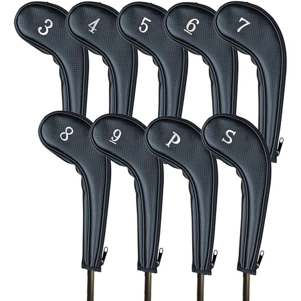 FINGER TEN Golf Iron Head covers Long Cover Number 3 4 5 6 7 8 9 P S, Deluxe Club Headcovers Zippered for Left Right Handed Golfer (Black)