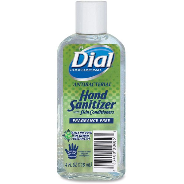 Dial Professional Antibacterial Hand Sanitizer Gel with Skin Conditioners, Fragrance-Free, 4 OZ Flip-Top Cap Bottle (Pack of 24)