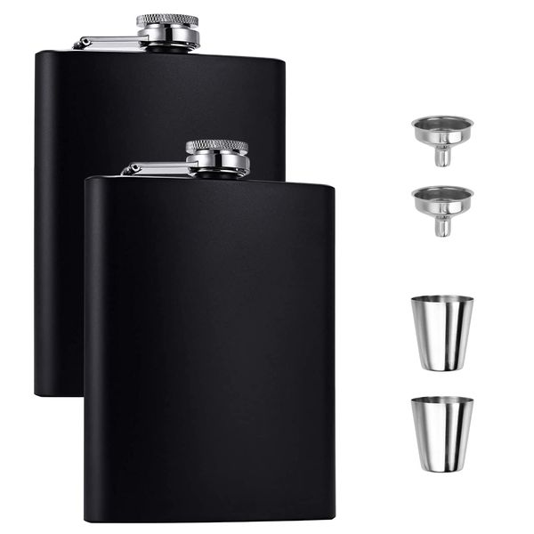 Hip Flask Set, Stainless Steel Flasks with 2 Small Cups and 2 Funnels, 8 oz, Matt Black, 2 Pieces