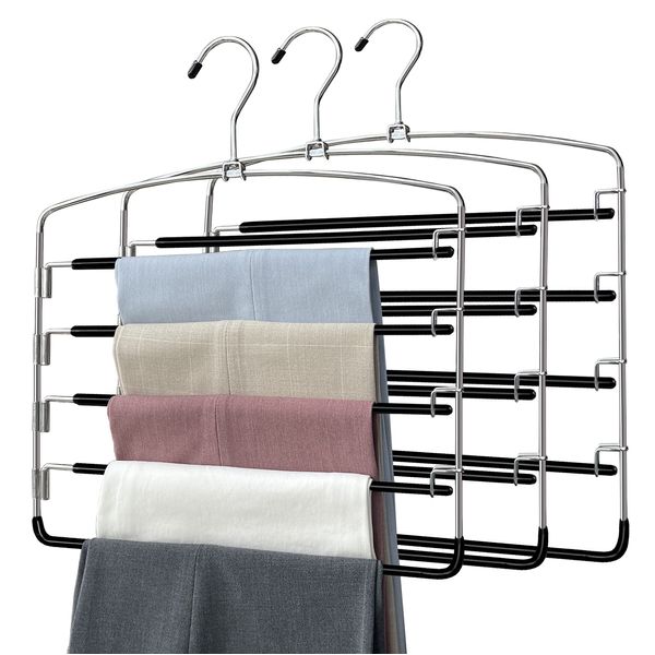 Pants Hangers 3 Pieces,5 Tier Closet Organizers and Storage Clothes Hangers,Hangers Space Saving with Swing Arm,Multiple Metal Hangers Clothes Organization for Pants Trousers Jeans Leggings Slacks
