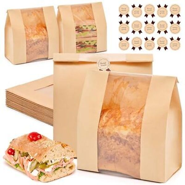 50 Pack Bread Bags for Homemade Bread with Stickers, 12.5*8.2*3.9 Inch Brown