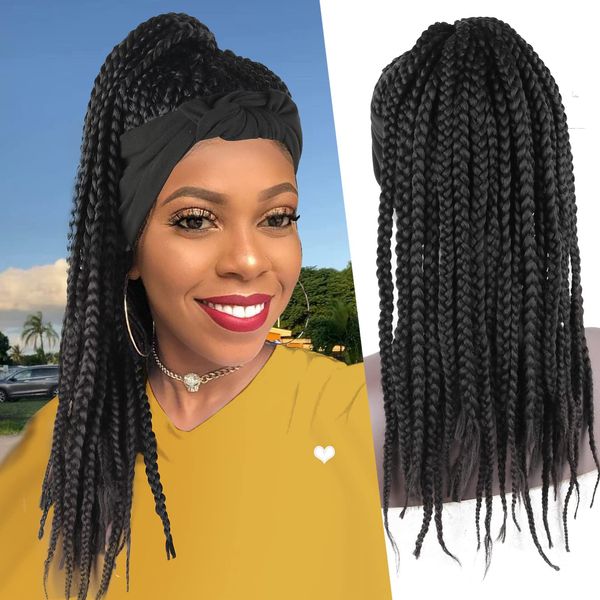 LEOSA Cornrow Braided Wig Headband Wigs for Black Women Black Box Braid Wig with Headband Attached Braid Headband Wig Wrap Wig 2 in 1 Braided Head Wrap Wig