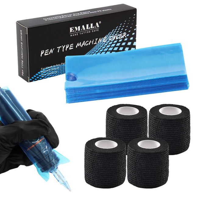 Tattoo Grip Tapes and Tattoo Machine Covers - Emalla 200PCS Blue Tattoo Pen Covers and 4Pcs Self-adhesive Bandage Covers Tattoo Pen Bags and Grip Tapes for Tattoo Supplies