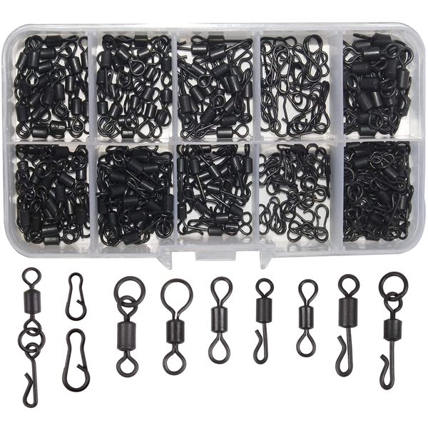 SHADDOCK 150pcs/box Matte Black Carp Fishing Swivel Clips Rolling Ring Swivel Speed Links Snaps Quick Change/Release Swivels Rigs Kit with Tackle Box for Carp Coarse Sea Fishing