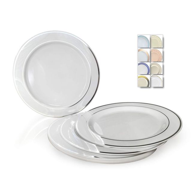 " OCCASIONS " 40 Plates Pack, Heavyweight Disposable Wedding Party Plastic Plates (6'' Dessert/Bread Plate, White & Silver Rim)