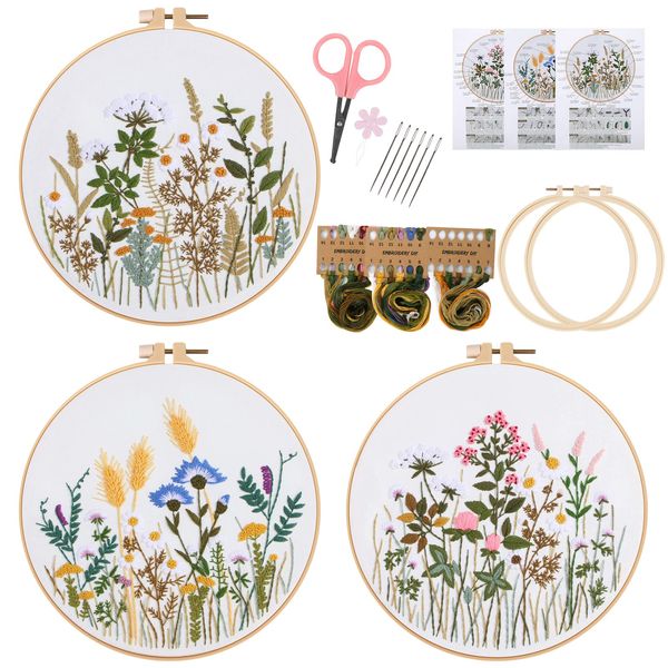 Lukinbox 3 Sets Embroidery Kit for Beginners, Fabric Cross Stitch Kits for Adults, DIY Embroidery Starter Kits with Floral Flower Patterns, Embroidery Hoops, Clothes, Threads and Needles