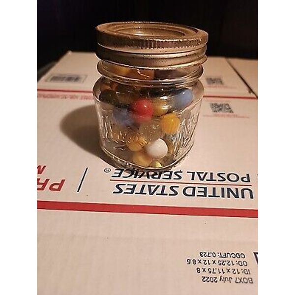 vintage glass marbles lot in glass jar blue yellow Clear Red Orange Rare Old Toy